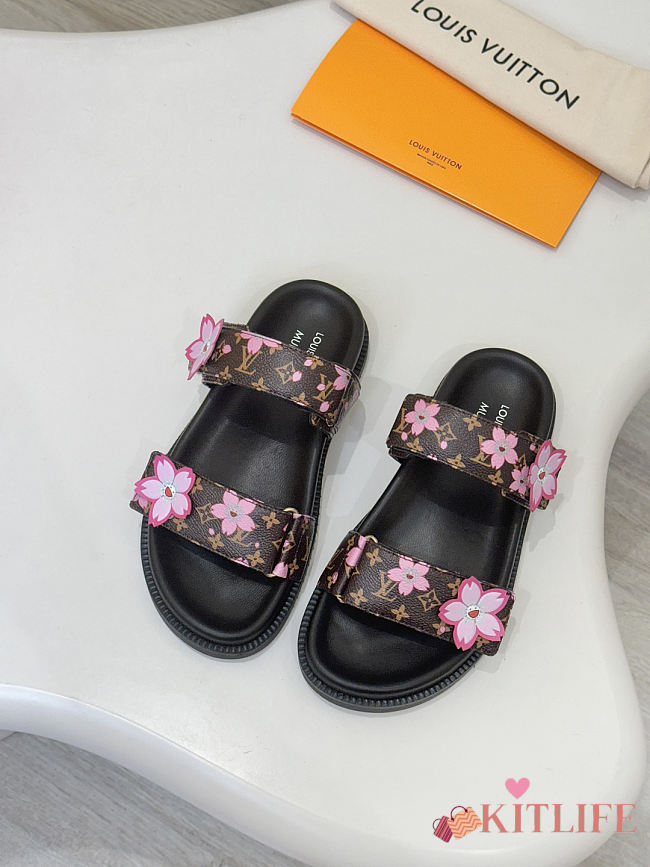 Kitlife Louis Vuitton Bom Dia Flat Comfort Mules Brown Flower - 1