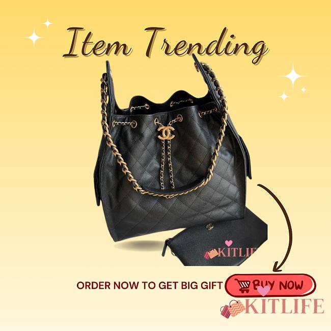 Kitlife Chanel 25C Drawstring Bucket Hobo Bag Black Grained Leather 30×26×14cm - 1