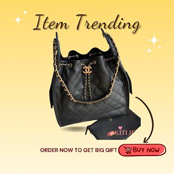 Kitlife Chanel 25C Drawstring Bucket Hobo Bag Black Grained Leather 30×26×14cm
