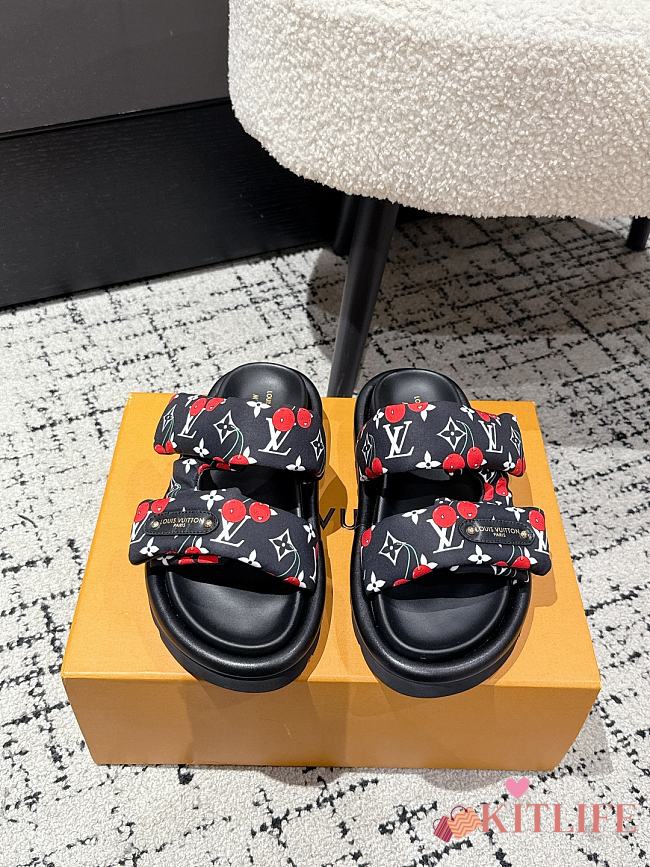 Kitlife Louis Vuitton Cherry Black Monogram Pillow Flat Comfort Mule - 1