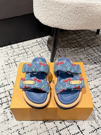 Kitlife Louis Vuitton Cherry Blue Denime Monogram Pillow Flat Comfort Mule