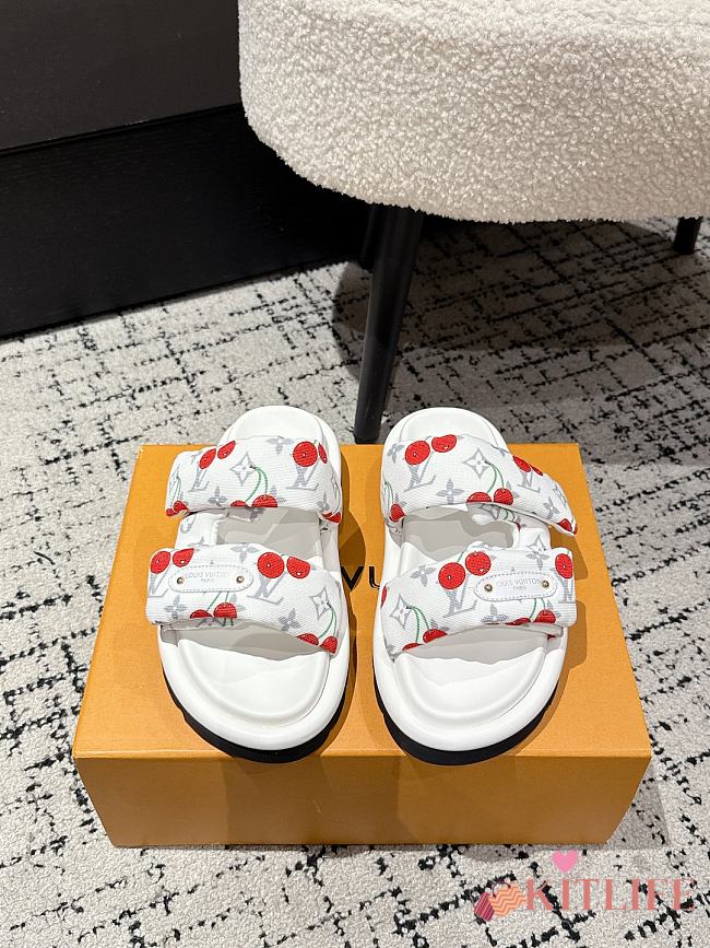 Kitlife Louis Vuitton Cherry White Monogram Pillow Flat Comfort Mule - 1