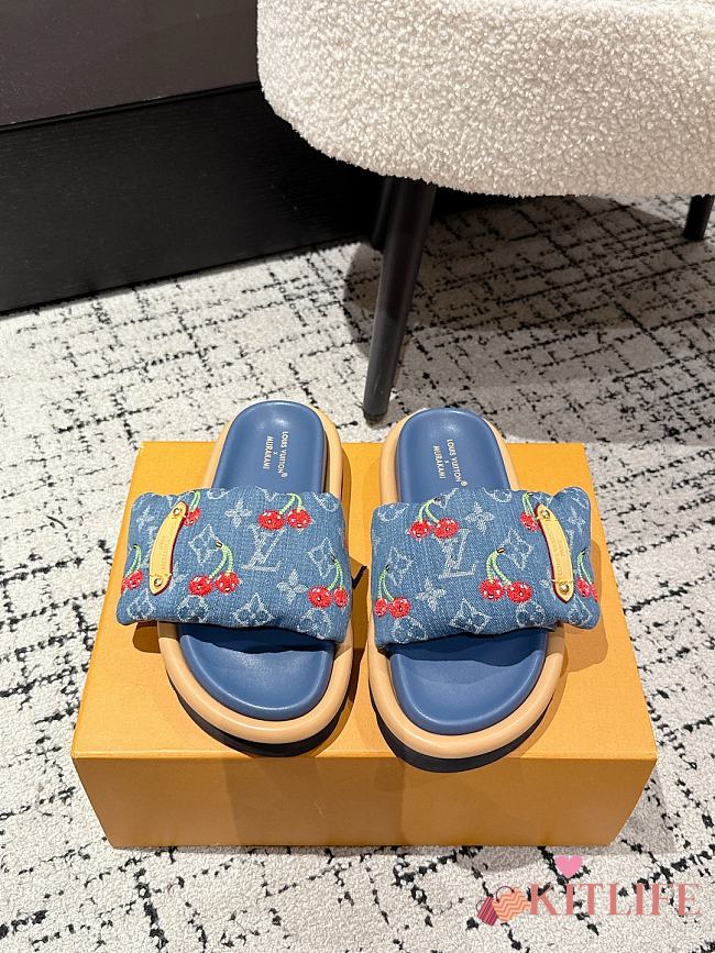 Kitlife Lousi Vuitton Pool Pillow Comfort Cherry Blue Denim Monogram Slippers - 1