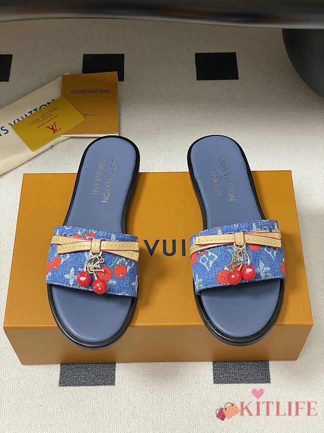 Kitlife Louis Vuitton X TM Lily Cherry Pendant Flat Mules Blue Denim - 1