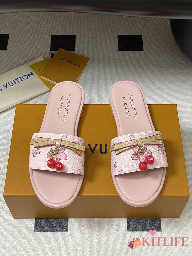 Kitlife Louis Vuitton X TM Lily Cherry Pendant Flat Mules Pink Flower - 1