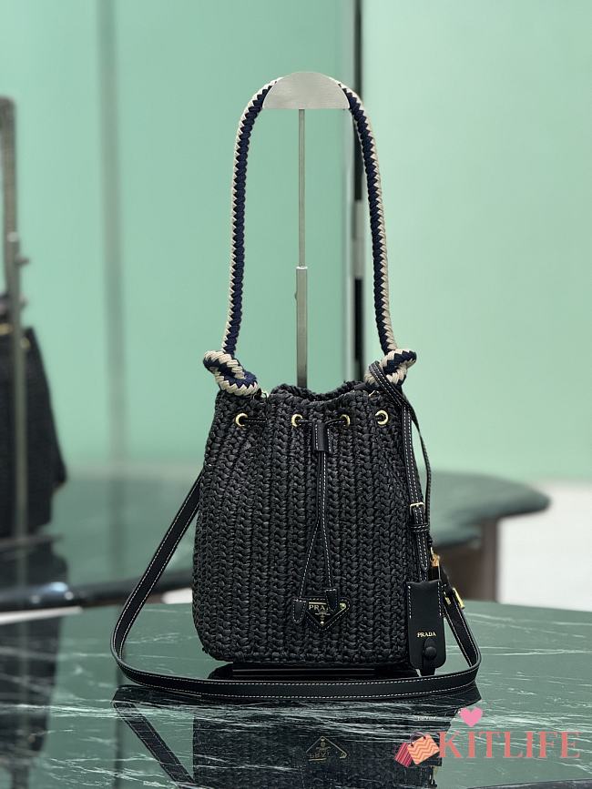 Kitlife Prada Black Straw Bucket Bag Black 1BE068 15.5x19.5x10cm - 1
