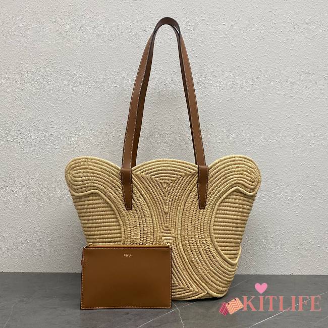 Kitlife Celine Classic Panier Medium Braided Triomphe In Raffia And Tan Calfskin 116982 30×14×33cm - 1
