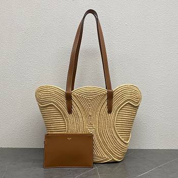 Kitlife Celine Classic Panier Medium Braided Triomphe In Raffia And Tan Calfskin 116982 30×14×33cm