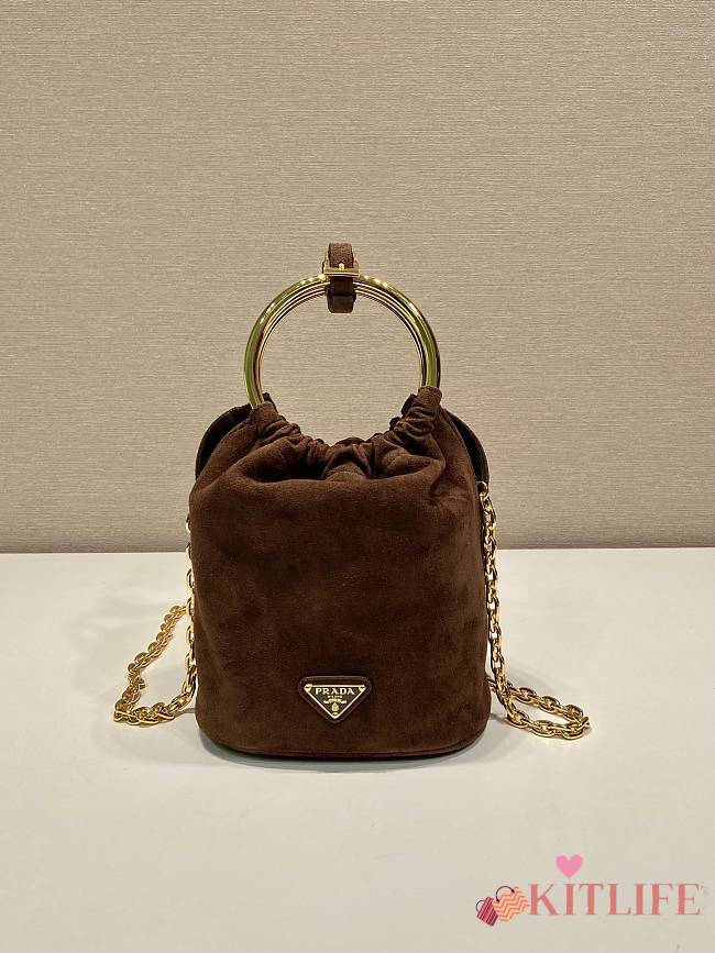 Kitlife Prada Bucket Bag Brown Suede Leather 1BC227 15x19x8cm - 1