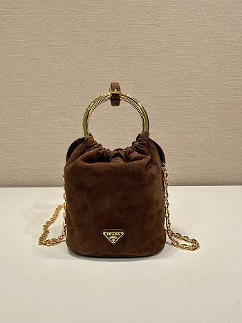 Kitlife Prada Bucket Bag Brown Suede Leather 1BC227 15x19x8cm