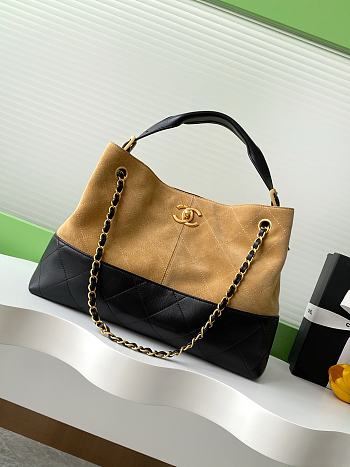 Kitlife Chanel Shopping Bag Beige Suede Calfskin and Black Shiny Lambskin & Gold-Tone Metal 36x24x12cm