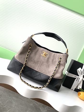 Kitlife Chanel Shopping Bag Grey Suede Calfskin and Black Shiny Lambskin & Gold-Tone Metal 36x24x12cm