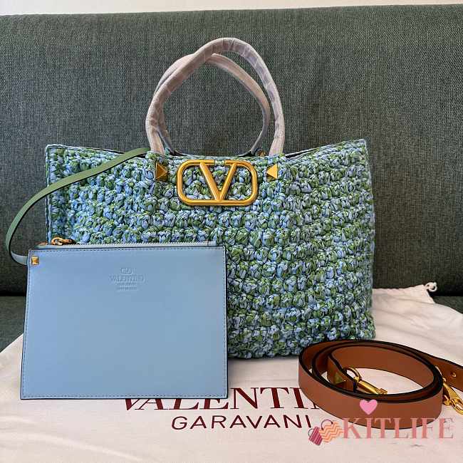 Kitlife Valentino 2025 Green & Blue Raffia Woven Tote Bag 35x25x17cm - 1