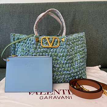Kitlife Valentino 2025 Green & Blue Raffia Woven Tote Bag 35x25x17cm