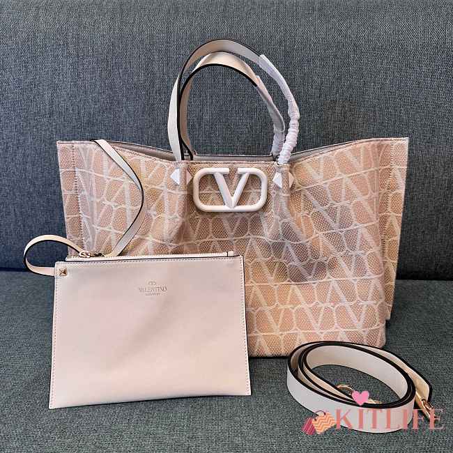 Kitlife Valentino Garavani Vlogo Printed Canvas Tote Bag Beige 35x25x17cm - 1