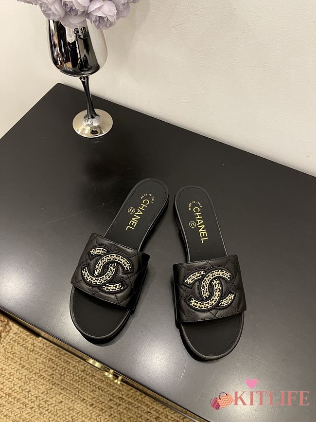 Kitlife Chanel Logo Woven Slippers Black - 1