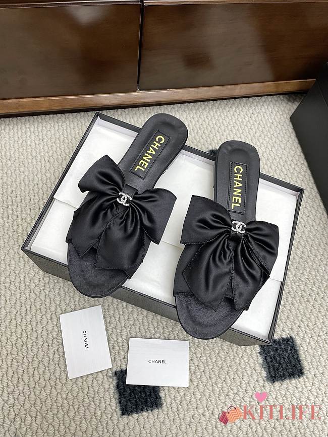 Kitlife Chanel 25 Bow-decorated Flat Slippers Black - 1