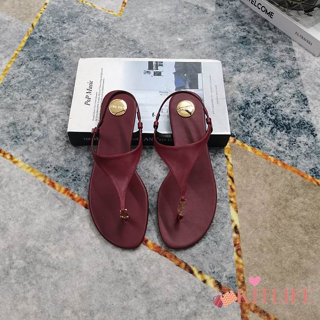Kitlife Saint Laurent 2025 Logo Buckle Flat Sandals Burgundy - 1