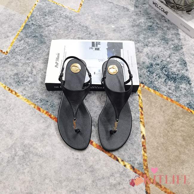 Kitlife Saint Laurent 2025 Logo Buckle Flat Sandals Black - 1