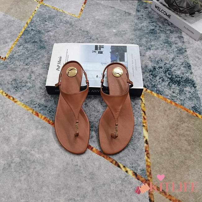 Kitlife Saint Laurent 2025 Logo Buckle Flat Sandals Brown - 1