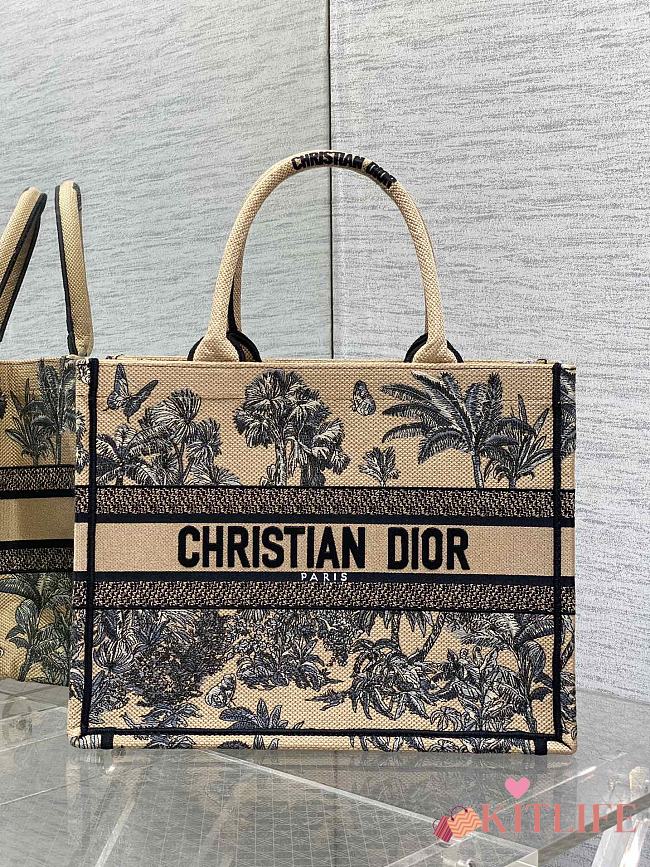 Kitlife Dior Beige and Black Palms Jouy Embroidery Medium Book Tote 36x27.5x16.5cm - 1
