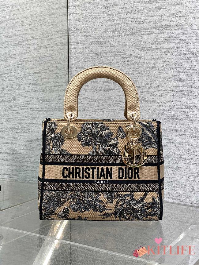 Kitlife Dior Lady Beige and Black Palms Jouy Embroidery Bag 24x11x20cm - 1