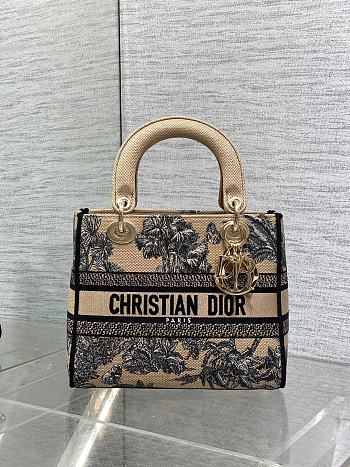 Kitlife Dior Lady Beige and Black Palms Jouy Embroidery Bag 24x11x20cm