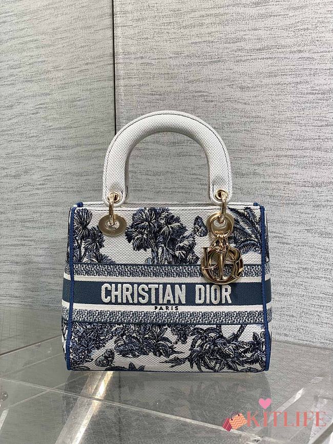 Kitlife Dior Lady White and Blue Palms Jouy Embroidery Bag 24x11x20cm - 1
