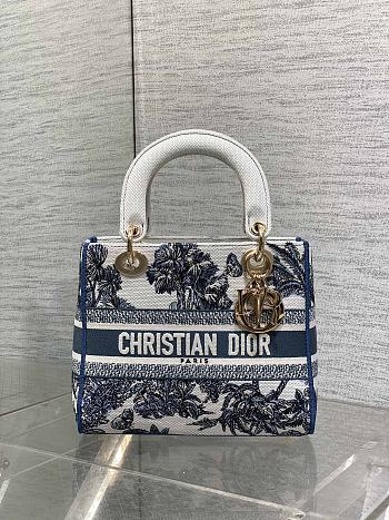 Kitlife Dior Lady White and Blue Palms Jouy Embroidery Bag 24x11x20cm
