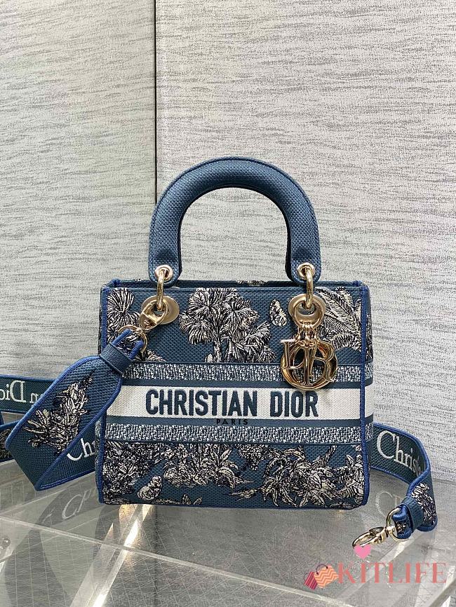 Kitlife Dior Lady Space Blue and White Palms Jouy Embroidery Bag 24x11x20cm - 1