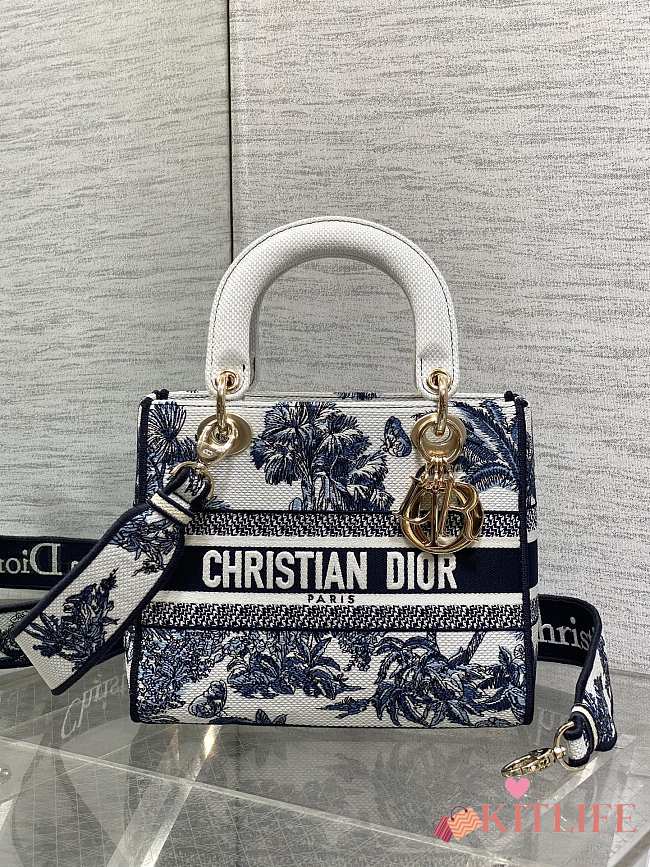 Kitlife Dior Lady White and Dark Blue Palms Jouy Embroidery Bag 24x11x20cm - 1