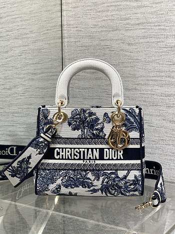 Kitlife Dior Lady White and Dark Blue Palms Jouy Embroidery Bag 24x11x20cm