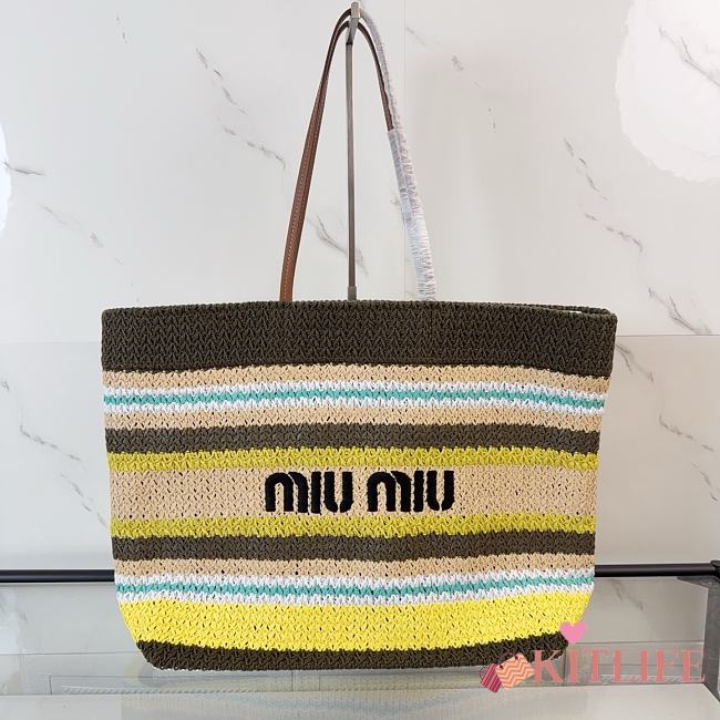 Kitlife Miu Miu Raffia Straw And Cotton Woven Tote Bag Grey & Yellow 5BG228 40x34x16cm - 1