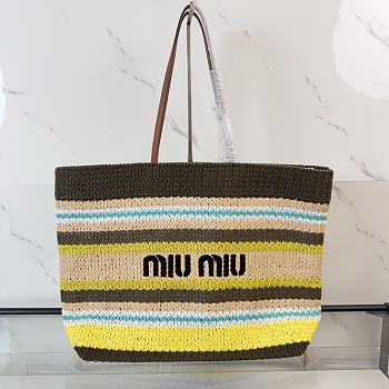 Kitlife Miu Miu Raffia Straw And Cotton Woven Tote Bag Grey & Yellow 5BG228 40x34x16cm