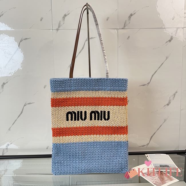 Kitlife Miu Miu Raffia Straw And Cotton Woven Tote Bag Light Blue 5BG248 30x38cm - 1