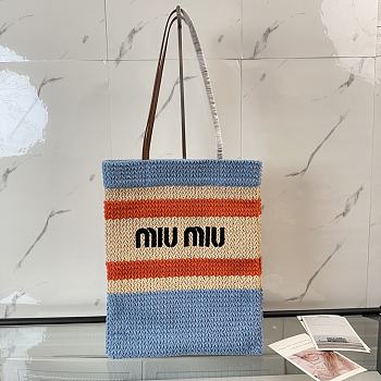 Kitlife Miu Miu Raffia Straw And Cotton Woven Tote Bag Light Blue 5BG248 30x38cm