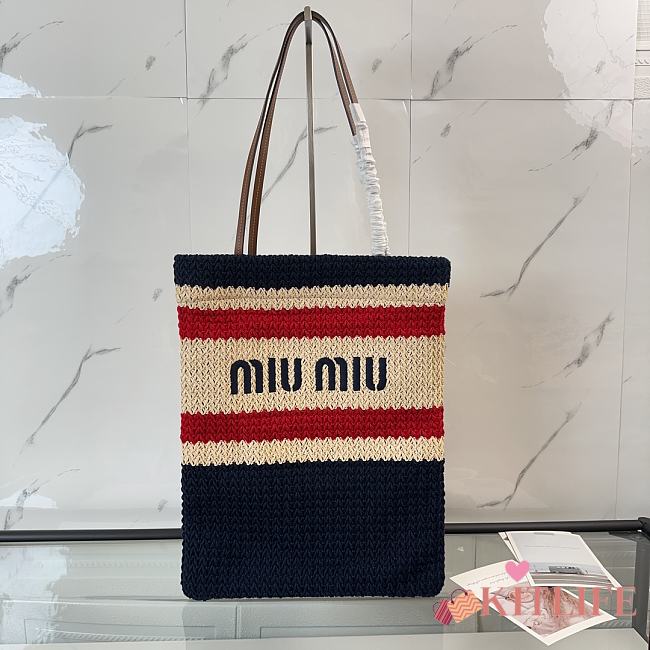 Kitlife Miu Miu Raffia Straw And Cotton Woven Tote Bag Dark Blue 5BG248 30x38cm - 1