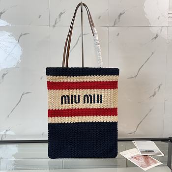 Kitlife Miu Miu Raffia Straw And Cotton Woven Tote Bag Dark Blue 5BG248 30x38cm