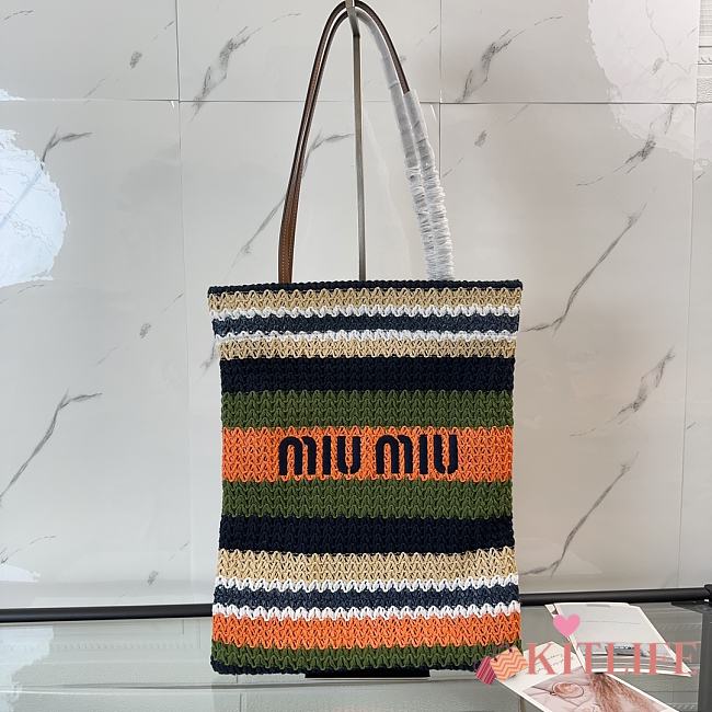 Kitlife Miu Miu Raffia Straw And Cotton Woven Tote Bag Dark Blue & Green 5BG248 30x38cm - 1
