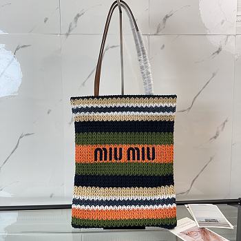 Kitlife Miu Miu Raffia Straw And Cotton Woven Tote Bag Dark Blue & Green 5BG248 30x38cm
