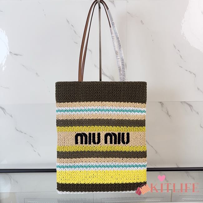 Kitlife Miu Miu Raffia Straw And Cotton Woven Tote Bag Grey & Yellow 5BG248 30x38cm - 1