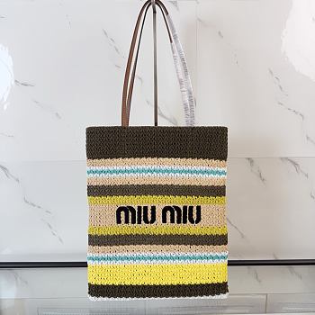 Kitlife Miu Miu Raffia Straw And Cotton Woven Tote Bag Grey & Yellow 5BG248 30x38cm