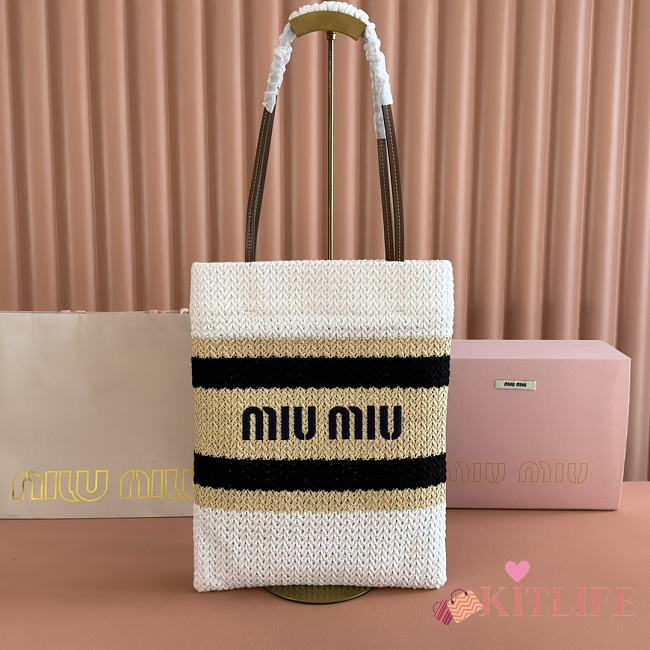 Kitlife Miu Miu Raffia Straw And Cotton Woven Tote Bag White, Black, Beige 5BG248 30x38cm - 1