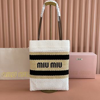 Kitlife Miu Miu Raffia Straw And Cotton Woven Tote Bag White, Black, Beige 5BG248 30x38cm