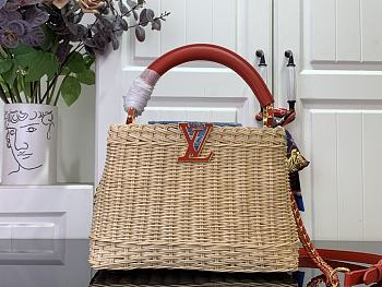 Kitlife Louis Vuitton x TM Capucines Bag Rattan, Red Cowhide leather, Monogram Cherry Denim M14295 27x18x9cm