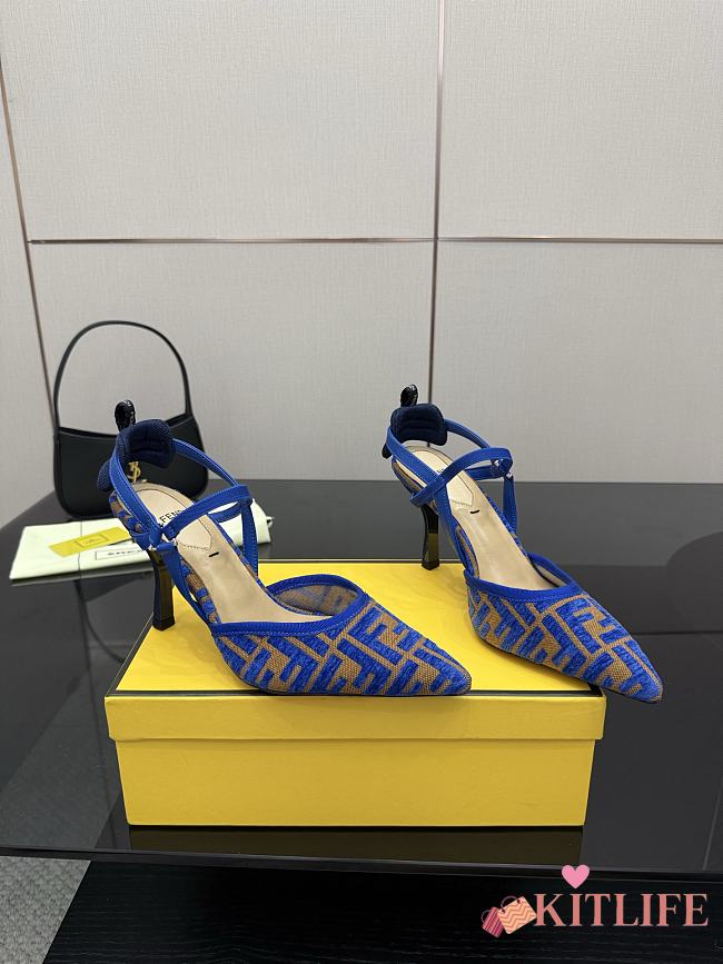 Kitlife Fendi Colibrì Lite High-heeled Blue & Beige FF Chenille Slingbacks 85mm - 1