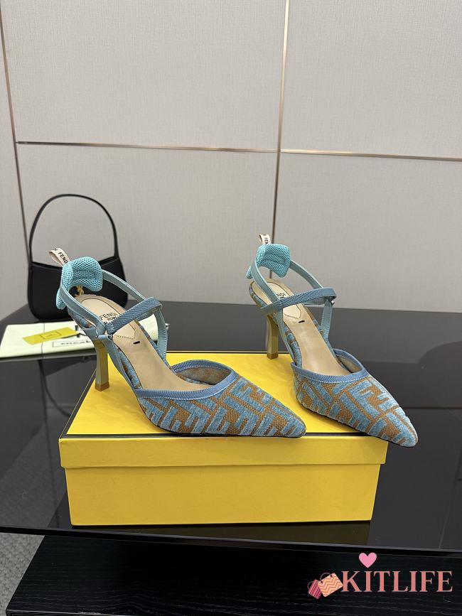 Kitlife Fendi Colibrì Lite High-heeled Light Blue & Beige FF Chenille Slingbacks 85mm - 1