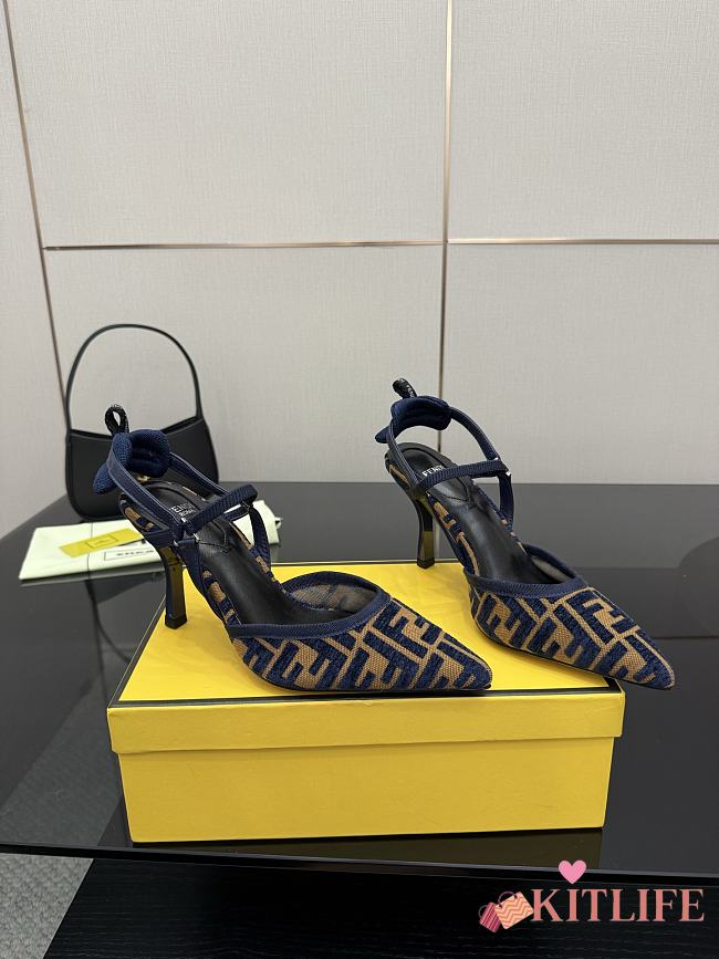 Kitlife Fendi Colibrì Lite High-heeled Dark Blue & Beige FF Chenille Slingbacks 85mm - 1