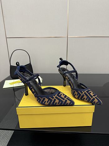 Kitlife Fendi Colibrì Lite High-heeled Dark Blue & Beige FF Chenille Slingbacks 85mm