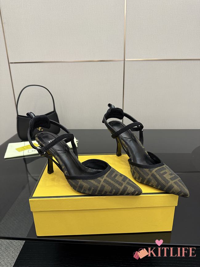Kitlife Fendi Colibrì Lite High-heeled Black & Beige FF Chenille Slingbacks 85mm - 1
